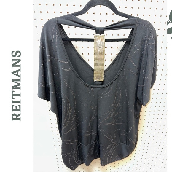 🛍️3/$40 Reitmans Black Silver Sparkle metallic V-Neck Women's Top Chain Metal 2X - Picture 4 of 5
